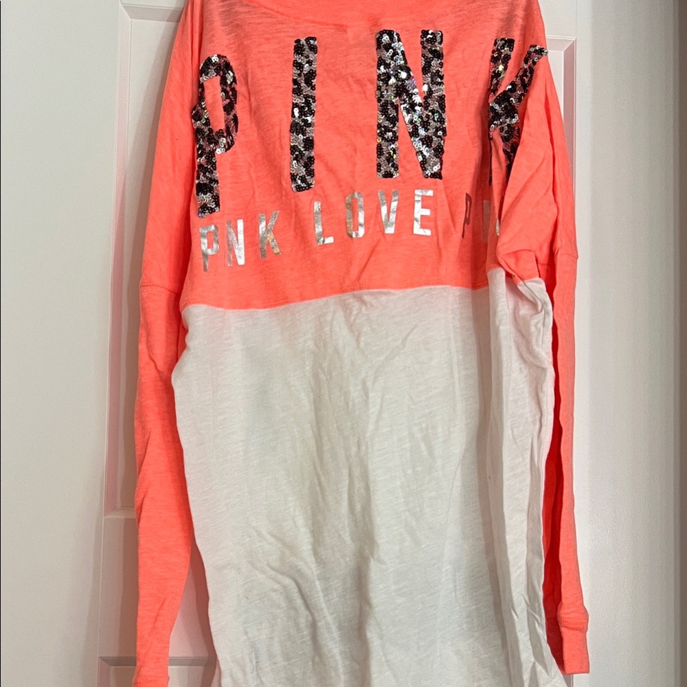 PINK Victoria's Secret Coral Pink and White Sequin Logo Long Sleeve Top